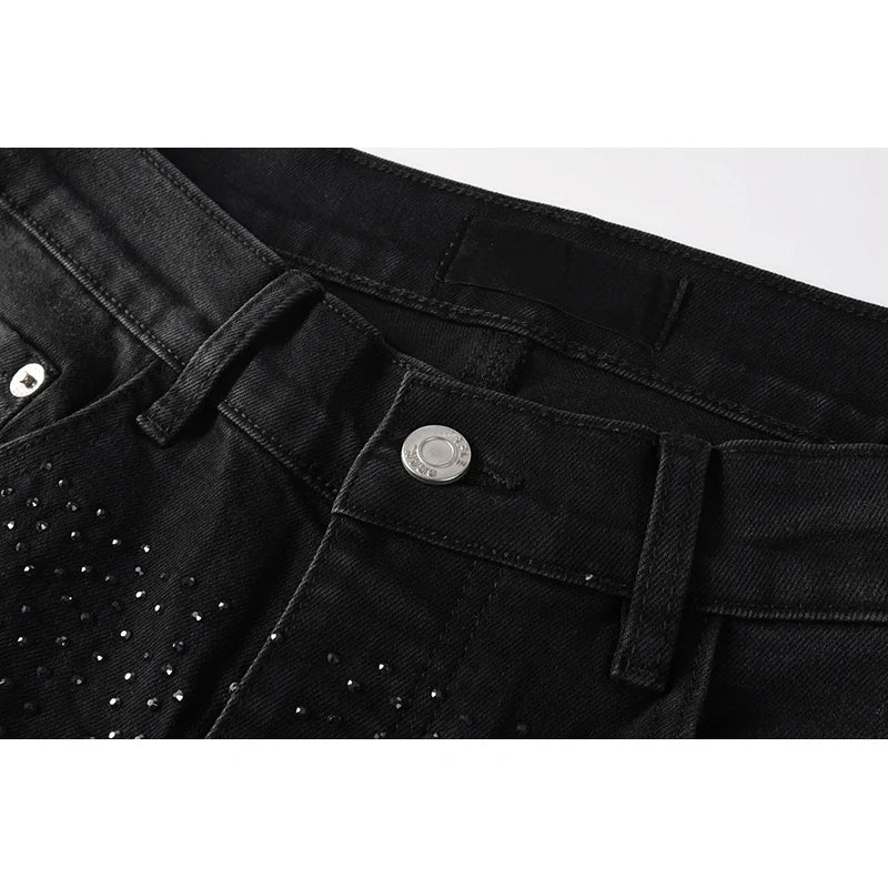 Black Men's American High Street Distressed Rhinestones Patterns Skinny Ripped Button Fly Jeans Pants