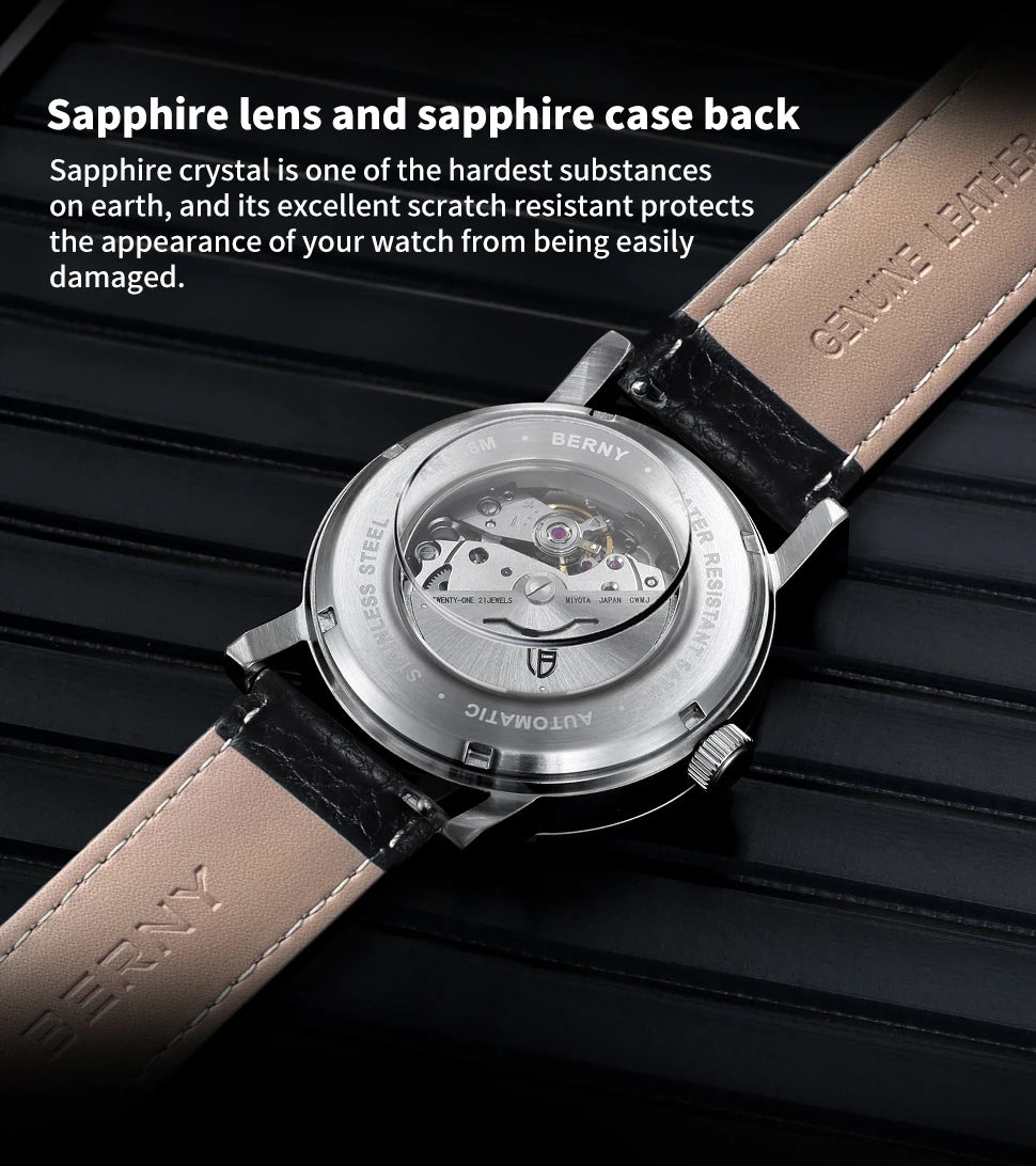 BERNY Watch for Men Automatic Self-Wind Luxury Watch Sappire MIYOTA 8215 Top Luminous 5ATM Mechanical Railroad Wristwatch