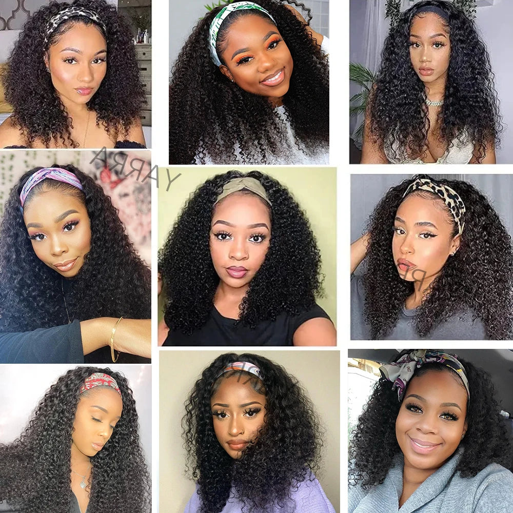 Kinky Curly Human Hair Headband Wigs Full Machine Made Brazilian Remy Human Hair Wigs For Women 180% Density Natural Color