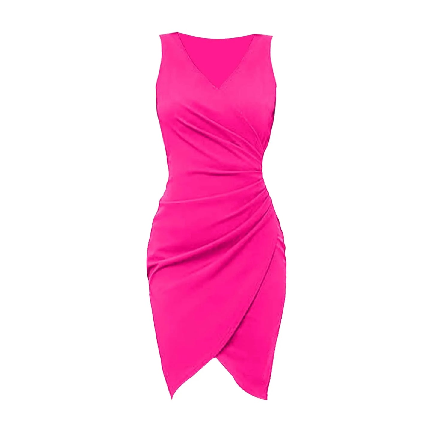 Summer Sexy Solid Sleeveless V-Neck Women Dress Hip Slim Fit Ruched Bodycon Skirt Fashion Simple Ladies Evening Party Dress