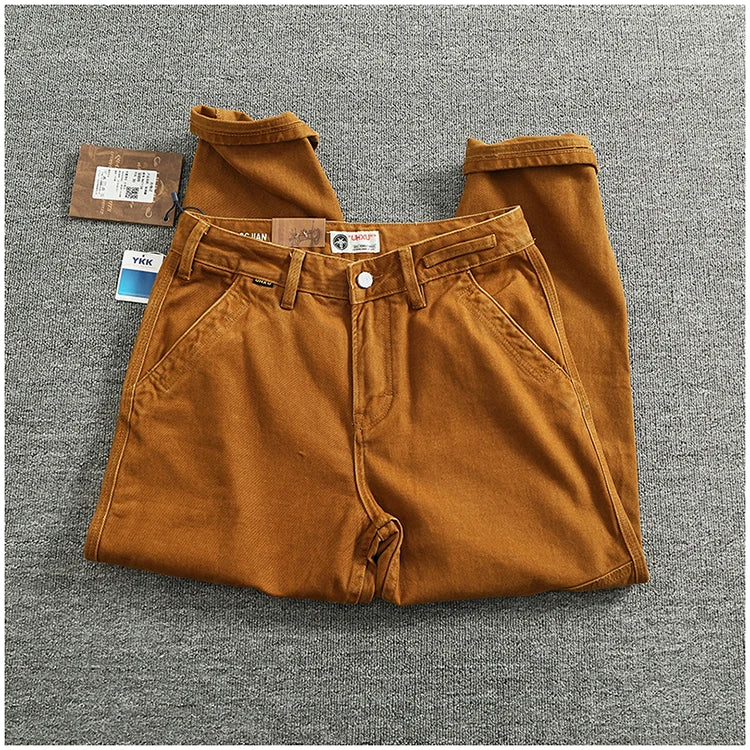 Retro Heavyweight Minimalist Workwear Pants Men's Loose Straight Leg Casual 100% Cotton Twill Woven 3D Stand Cut Tapered Pants