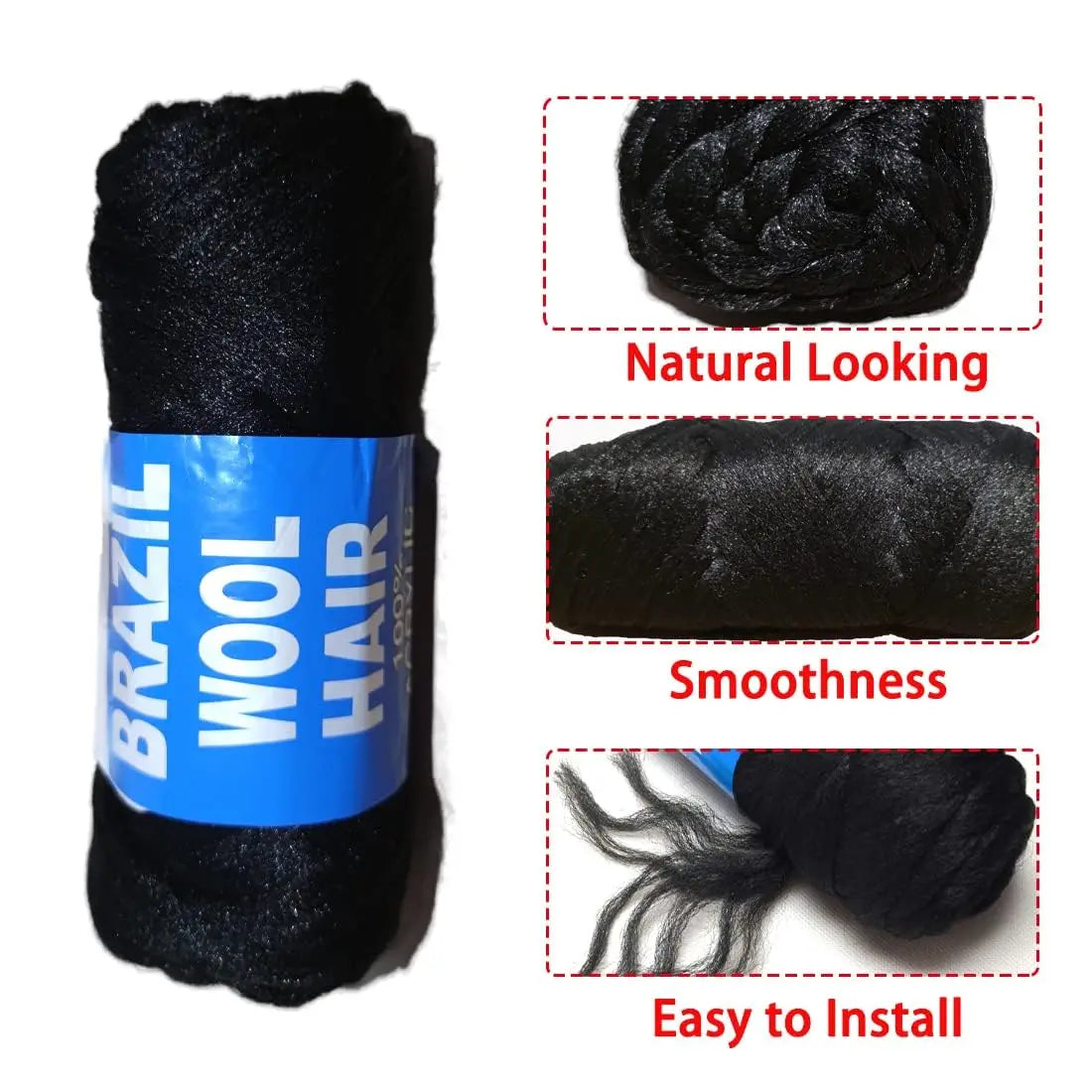 2/3/5/12pc Brazilian Wool Hair Synthetic Crochet Hair Extensions for Women African Hair Yarn for Natural Black, Jumbo Braids 