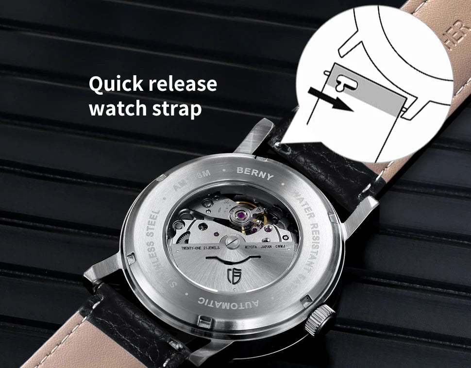 BERNY Watch for Men Automatic Self-Wind Luxury Watch Sappire MIYOTA 8215 Top Luminous 5ATM Mechanical Railroad Wristwatch