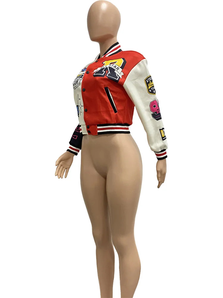 Winter Fall Jacket For Women Coat Trend O Neck Buttons Cropped Top Jacket Patchwork Baggy Blue Female Outerwear varsity jacket