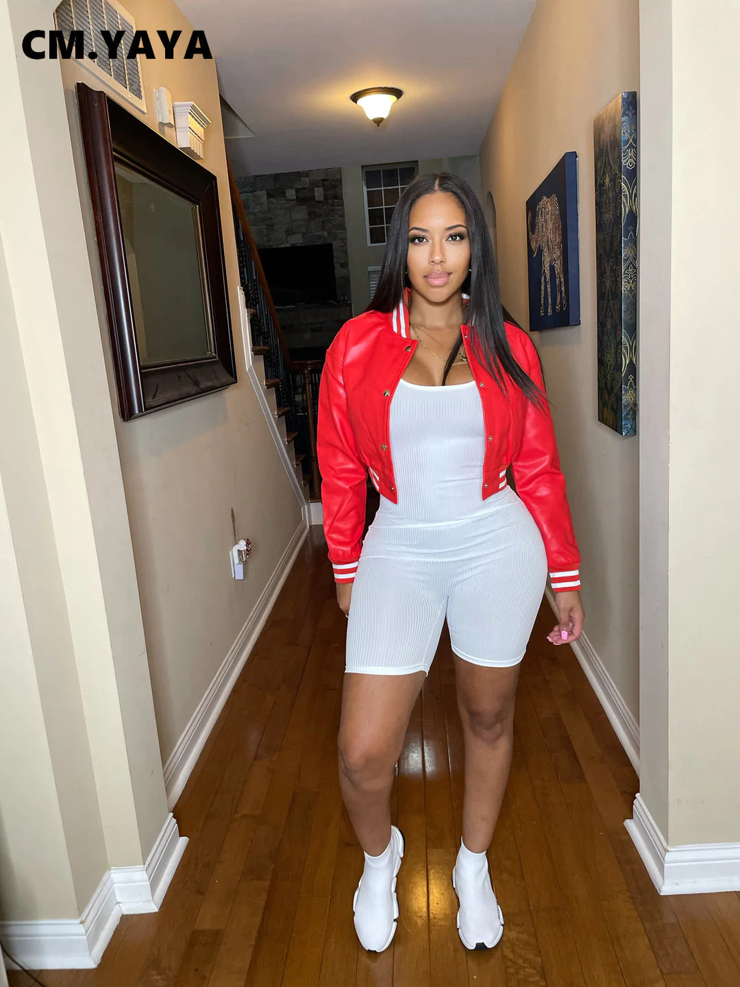 CM.YAYA Women Faux Leather Striped Side Baseball Single Breasted Jacket Winter Autumn INS Streetwear Active Outcoat