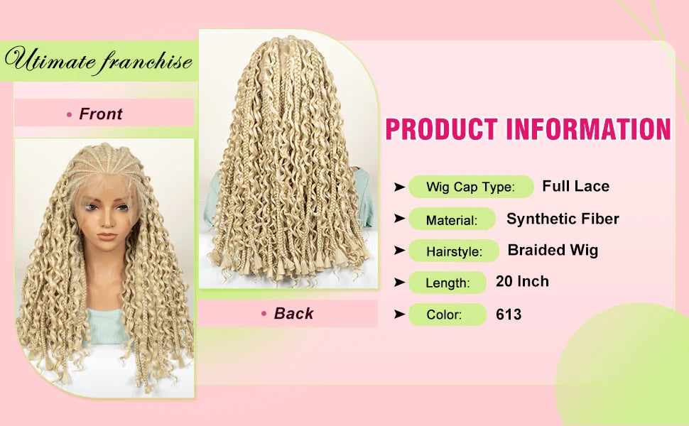 20inch Synthetic Cornrow Braided Wigs Half Braids Half Bohemian Wig 613# for Black Women Knotless Fashion Wig Sytlish