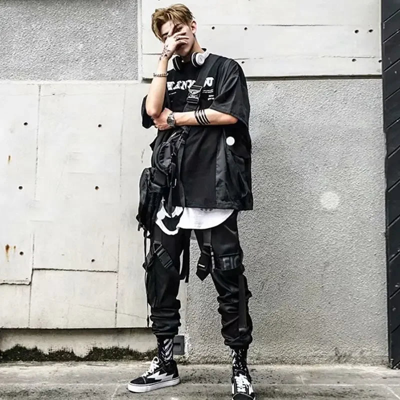 Trendy Men's Loose-fit Cargo Pants Autumn Winter Bell Bottoms Multiple Pockets Casual Style Street Dance Fashion