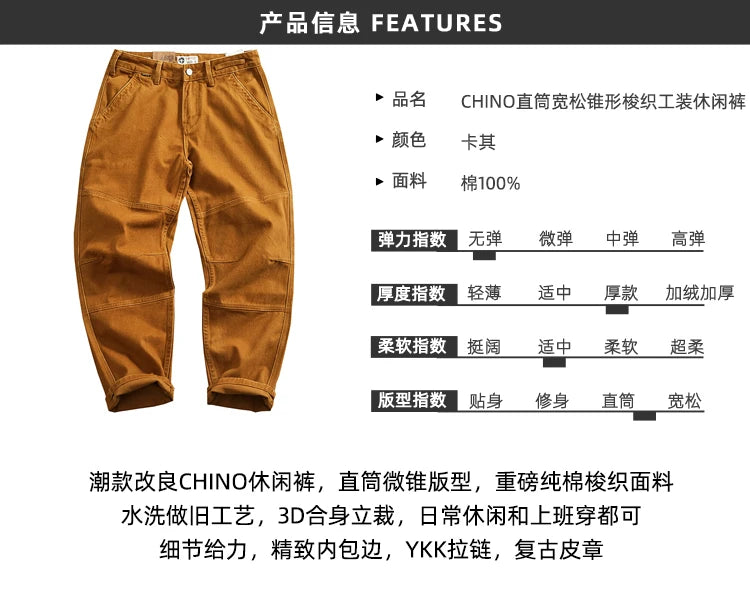 Retro Heavyweight Minimalist Workwear Pants Men's Loose Straight Leg Casual 100% Cotton Twill Woven 3D Stand Cut Tapered Pants