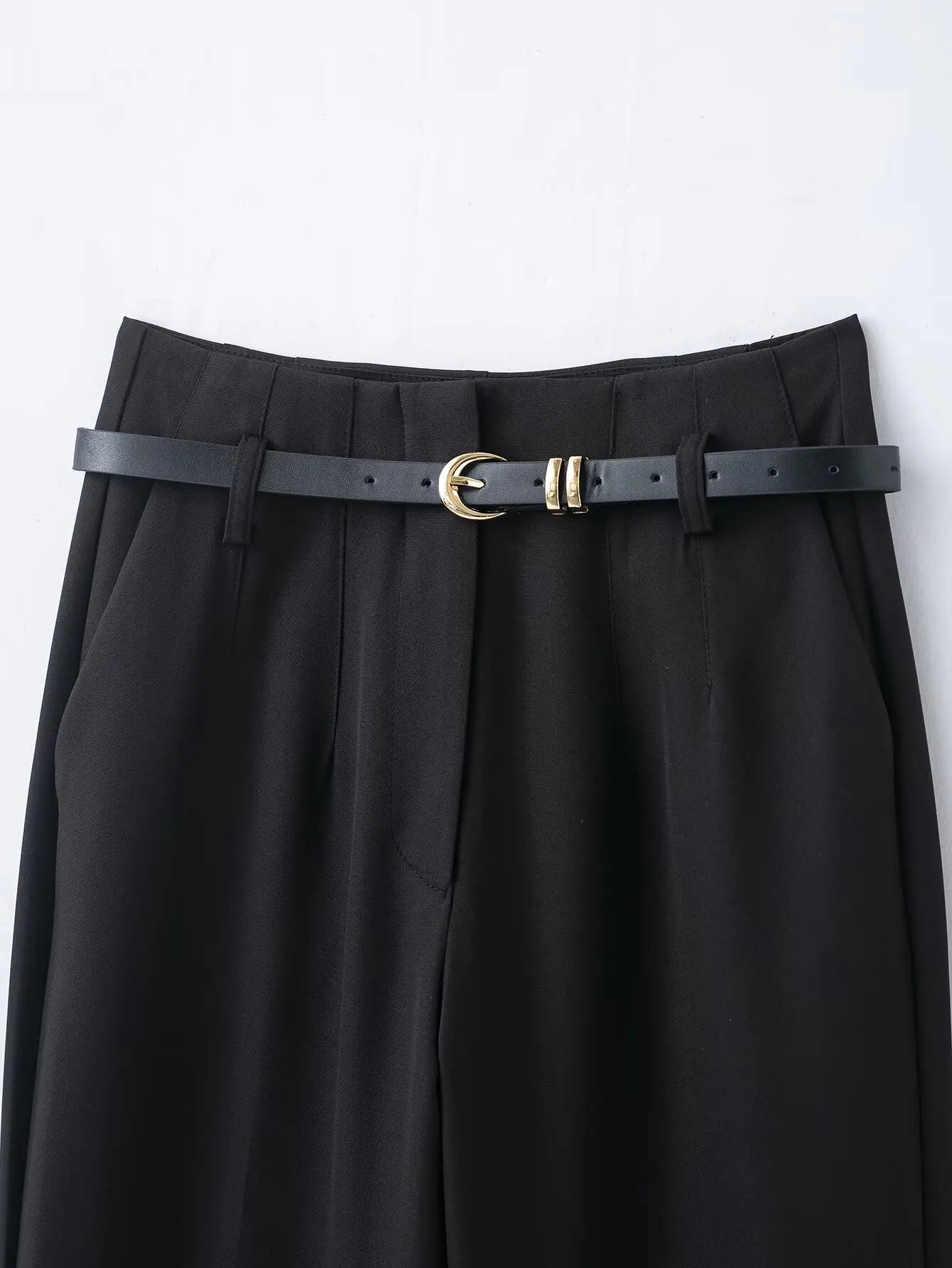 Faionable High Waist Belted Straight Leg Pants Women's Slim Fit Casual Autumn New Arrival Street Sle Polyester Fiber