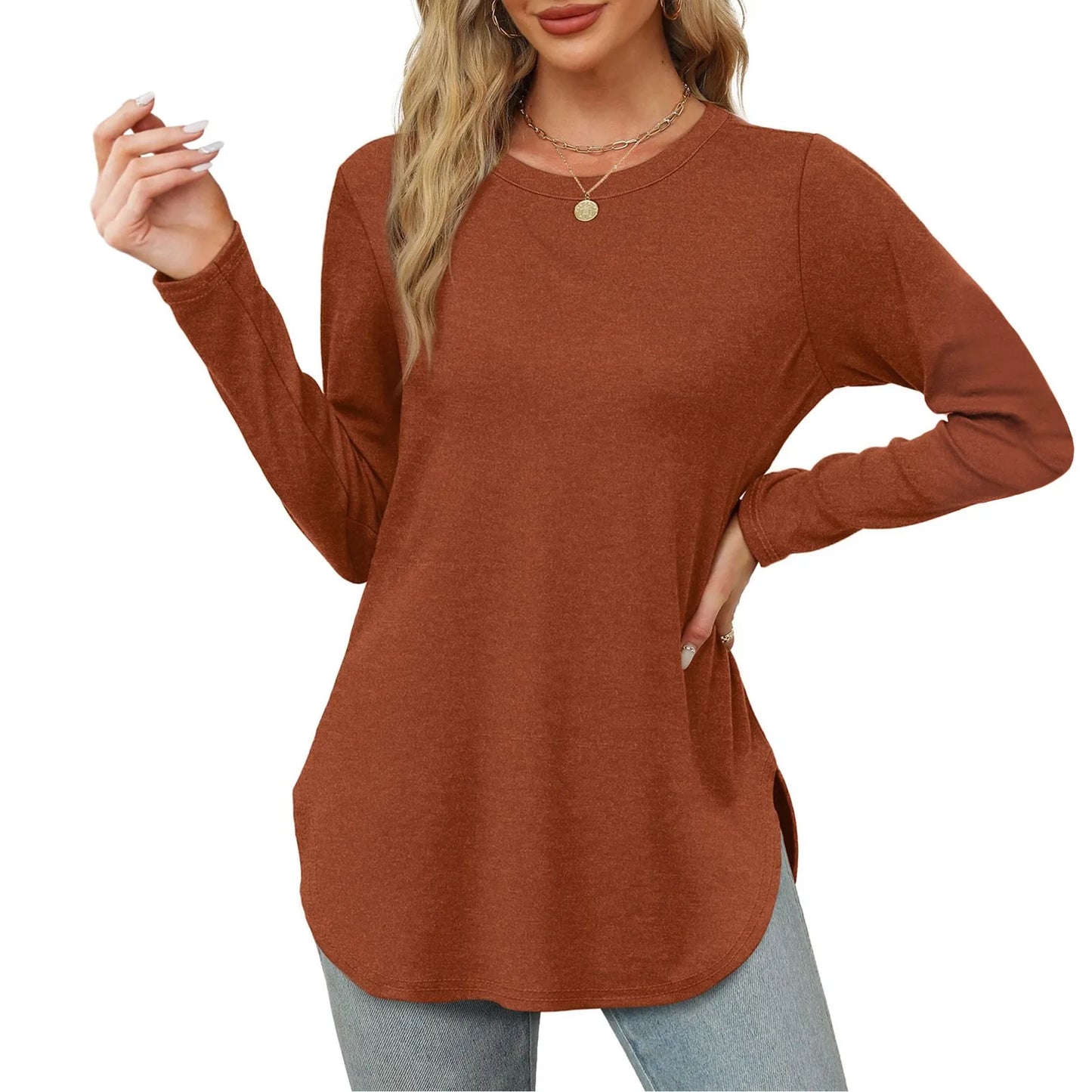 Traf 2024 Mujer Womens Long Sleeve Round Neck Shirts Side Split Basic Loose Tunic Tops Casual Shirts Ropa De Mujer Fashion