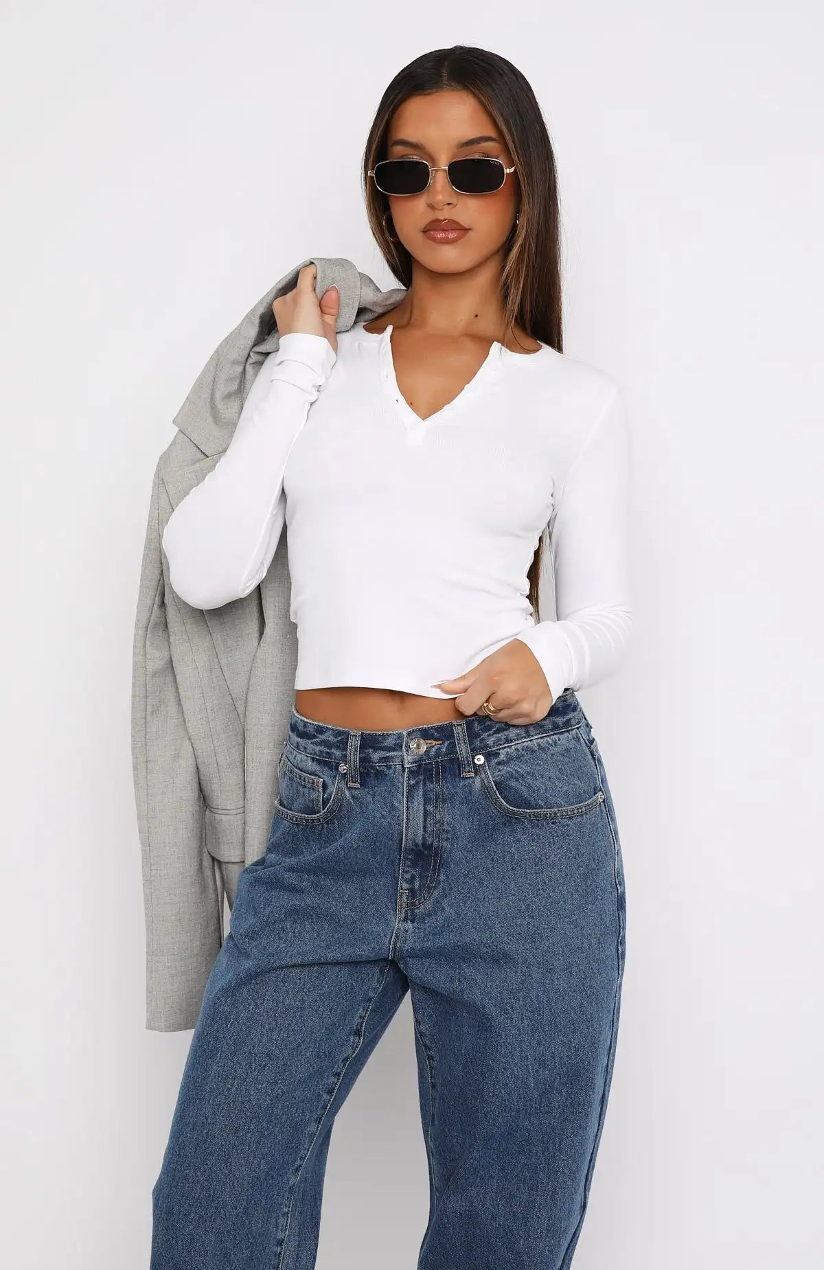 Womens V Neck Button Down Henley T Shirts Y2K Slim Fit Long Sleeve Crop Tops Basic Casual Going Out Tee Shirts