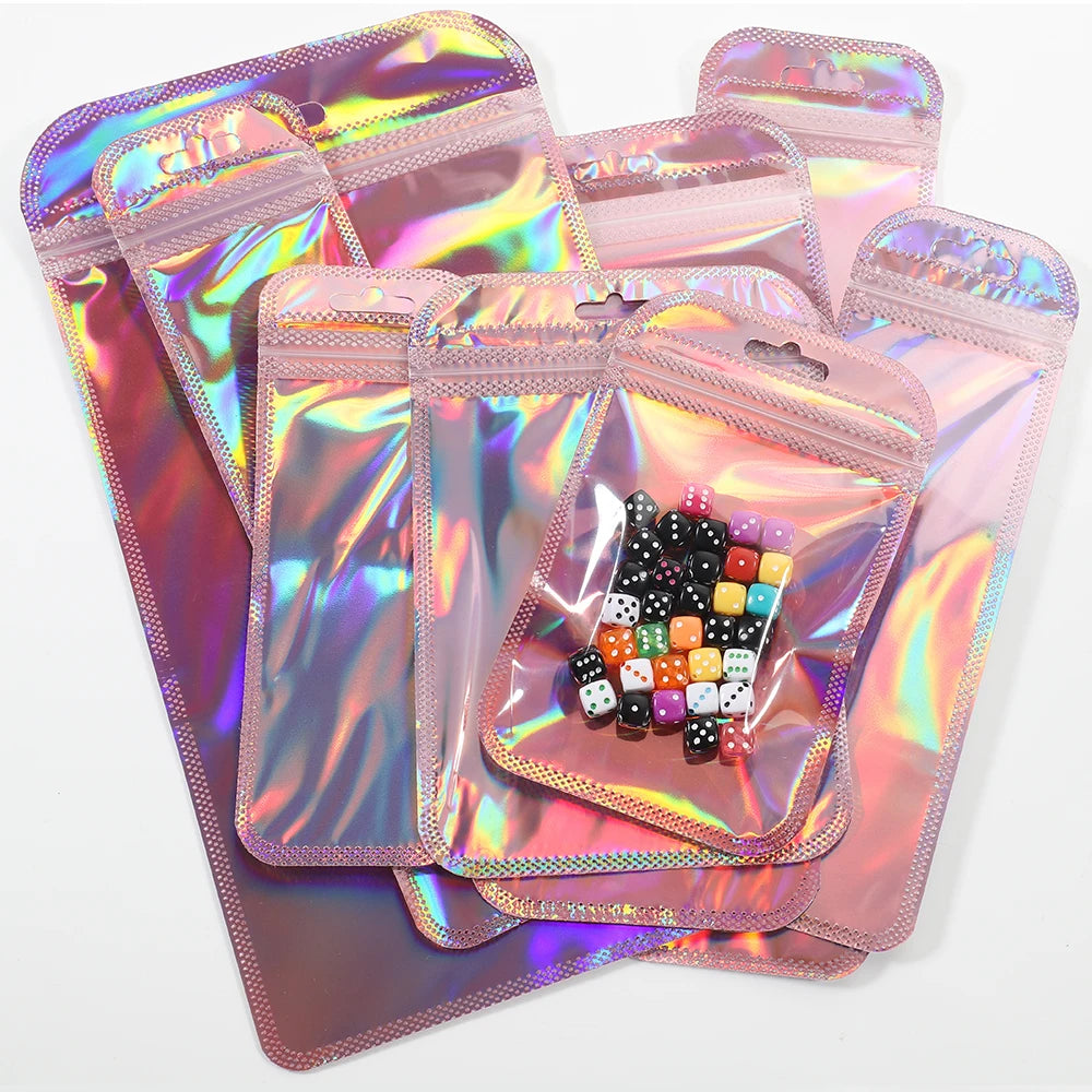 50pcs Iridescent Self Sealing Bags Pink Laser Plastic Pouches Resealable Zip Lock Packaging for Jewelry Display Retail Bags