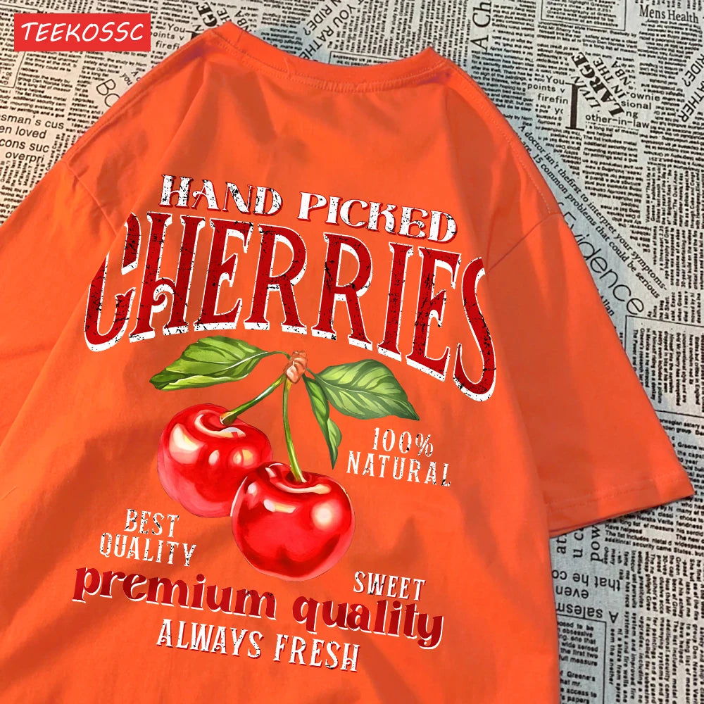 Summer Lemon Cherries Prints T-Shirts Cotton Women's Tops Oversize O-Neck Soft Short Sleeve tees Street Casual Womans Clothes