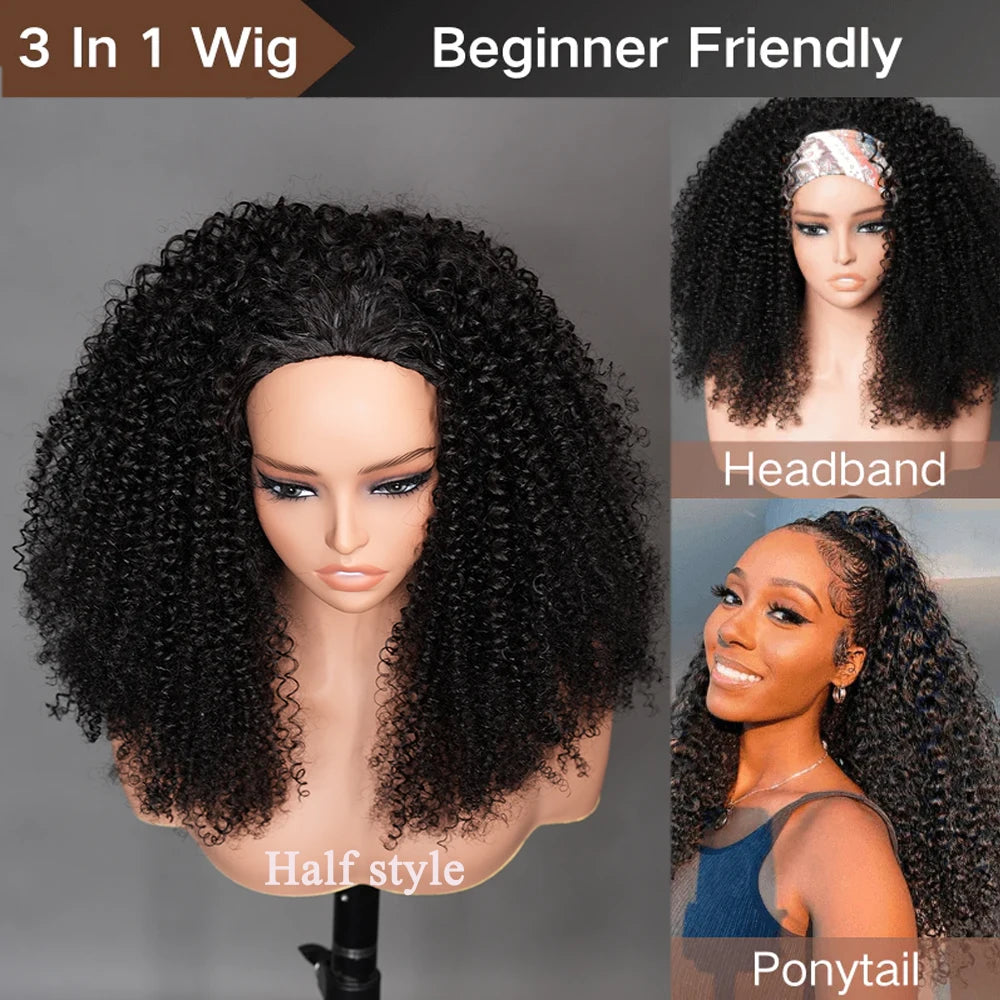 Beginner Friendly 3 In 1 Half Wig Human Hair Kinky Curly Coily Half Wig Invisible Drawstring Glueless Curly Flip Over Wig 180%