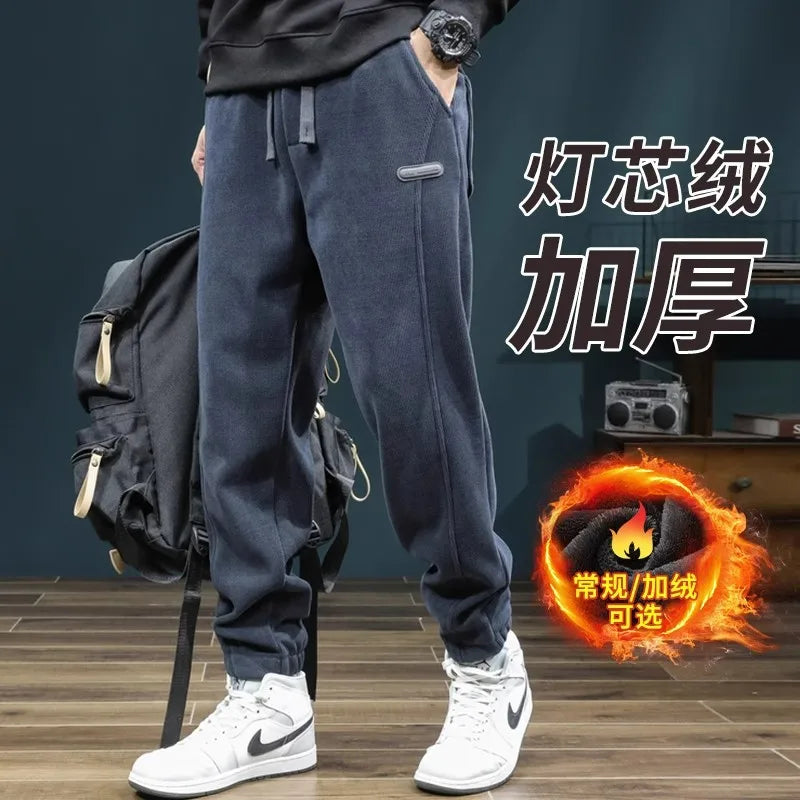 Men's Autumn Winter Thiened Fce Lined Corduroy Pants Loose Sports Casual High Street Trend Wear Resistant Dir Long Tro...