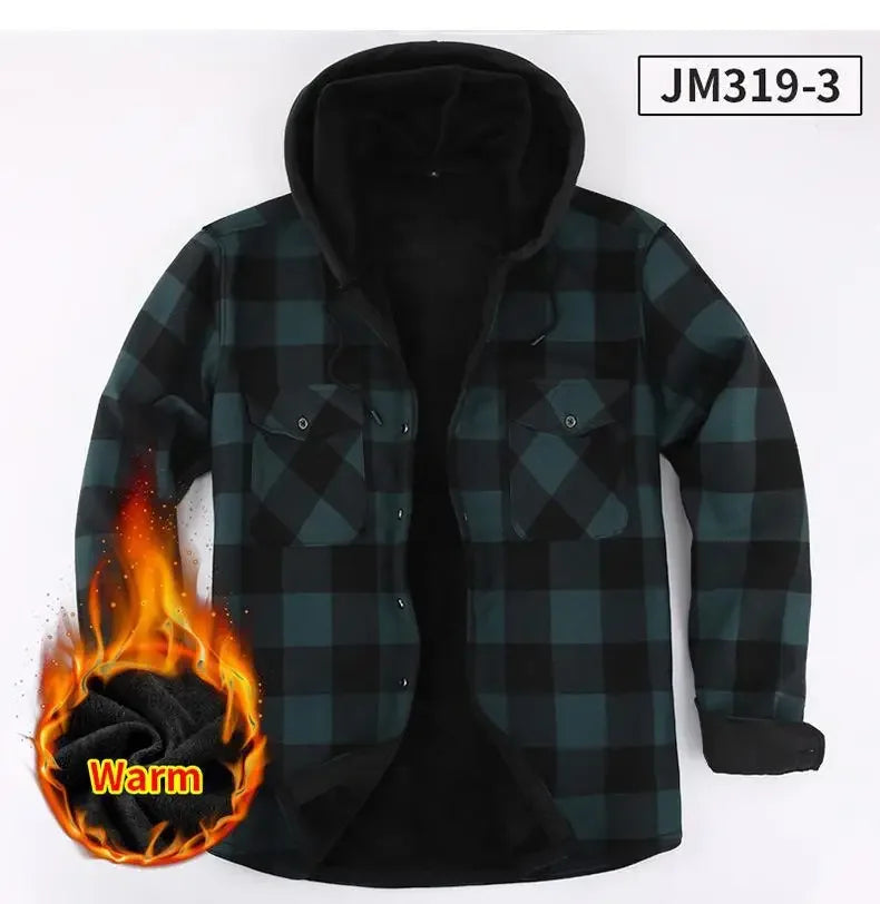 Plus Size Men's Hooded Plaid Shirt Warm Fleece Lined And Thickened Top Long Sleeve Outerwear For Autumn/Winter