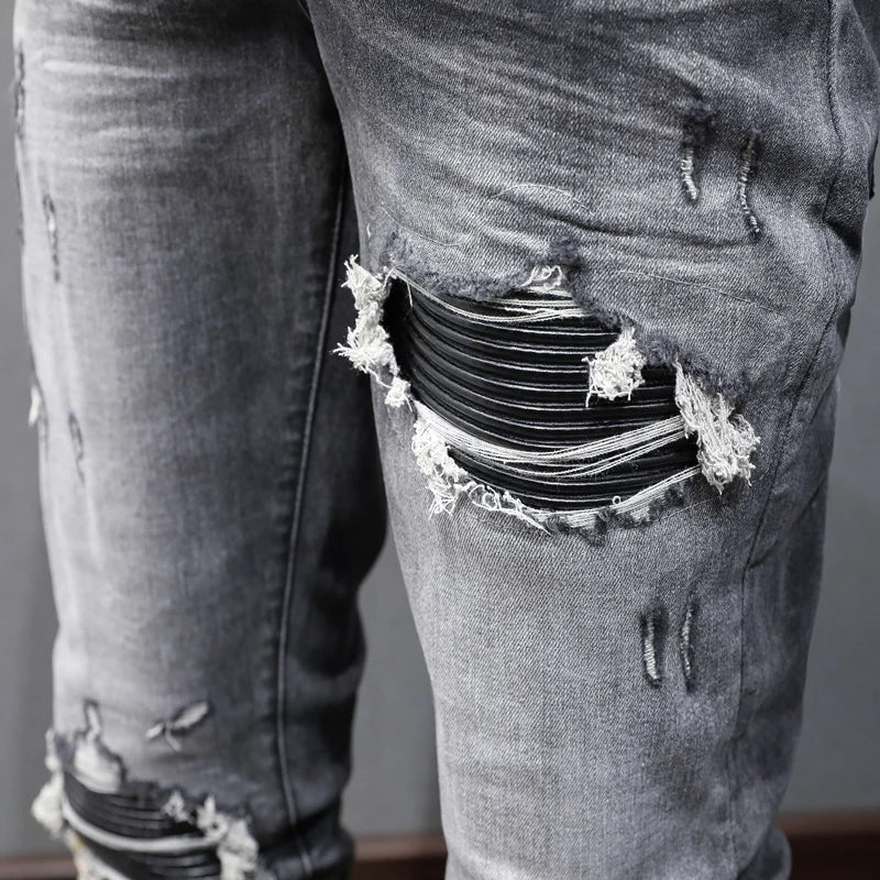 Designer Fashion New High Quality Black Grey Jeans Elastic Slimming Perforated Patch Washed Jeans High Street Hip Hop Brand Pant