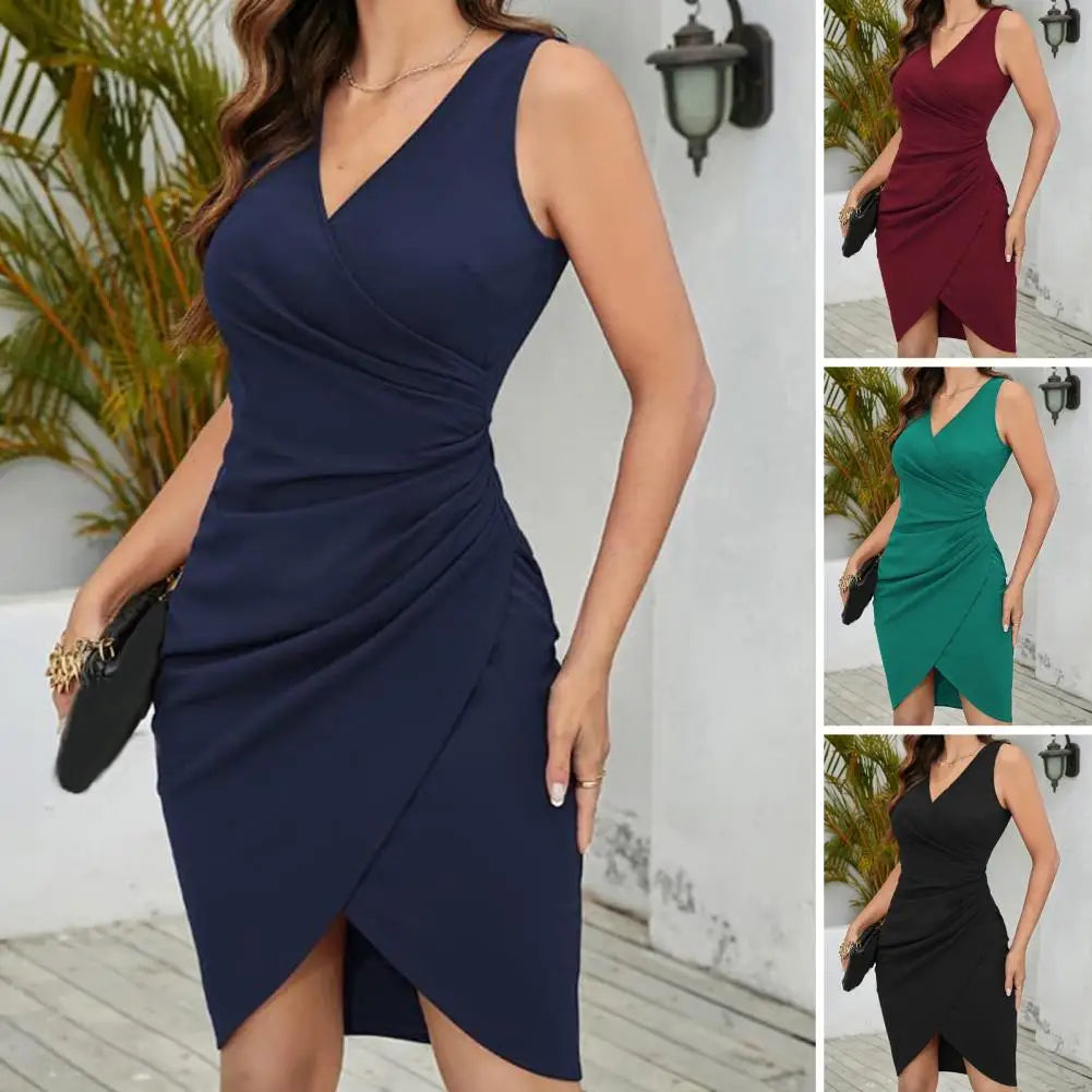 Women Commute Dress Elegant V Neck Pleated Midi Dress for Women Slim Fit Office Business Style Knee Length Dress with Irregular