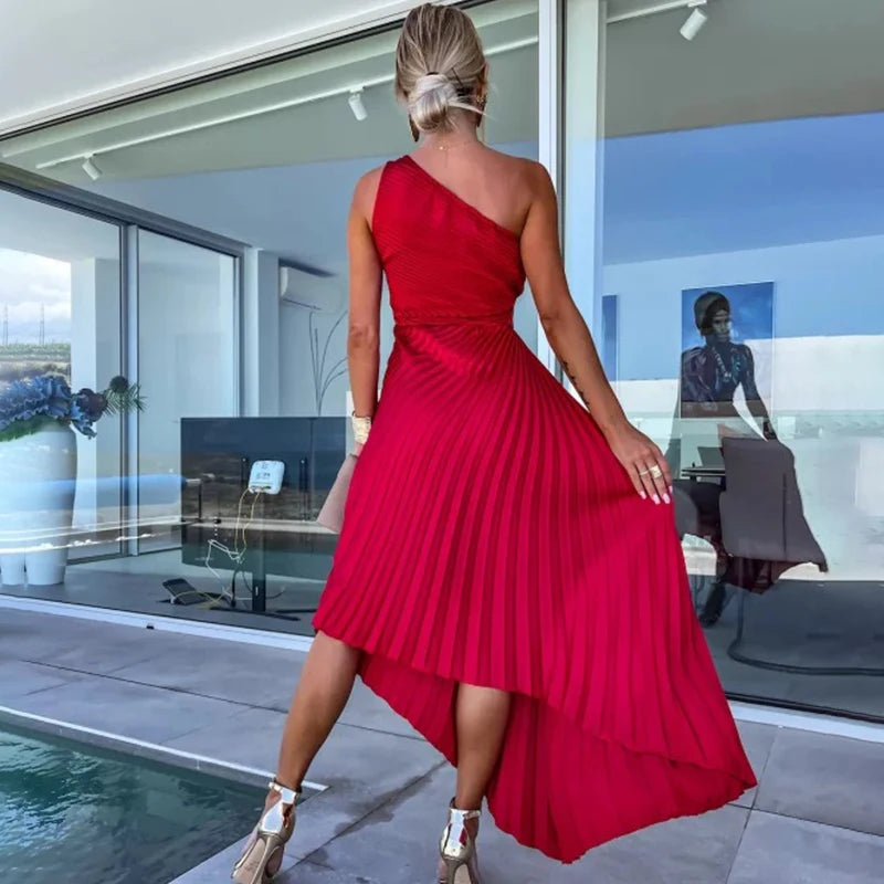 Ardm Elegant Oblique Shoulder Pleated Asymmetric Summer Dresses For Women 2023 Sexy Backelss Hollow Out Party Maxi Dress Vestido