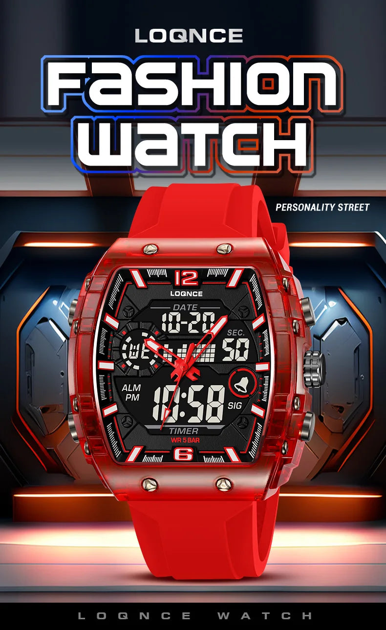 LOQNCE Sports Watches Fashion Men Watches 50m Waterproof Rectangle LED Big Dial Display Digital Watches LED Wristwatches Men