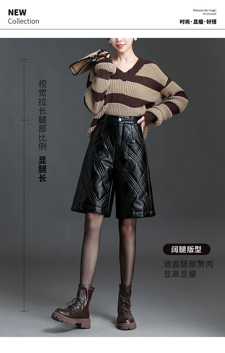 ZUZK Warm Black PU Leather Thick Bermuda Shorts For Women Winter Knee Length Shorts Motorcycle Punk High Waist Bermuda Femme