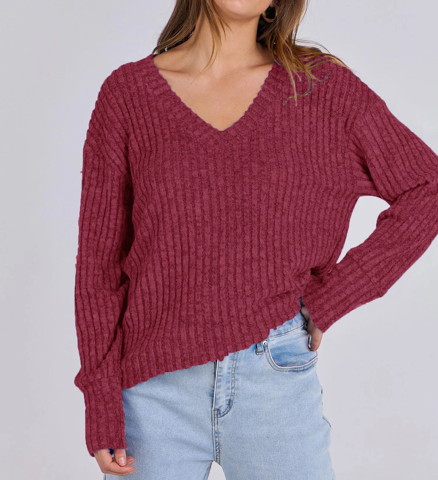 Women's Long Sleeve V-Neck T-Shirt Pit Stripe Milled Fashion Temperament Top