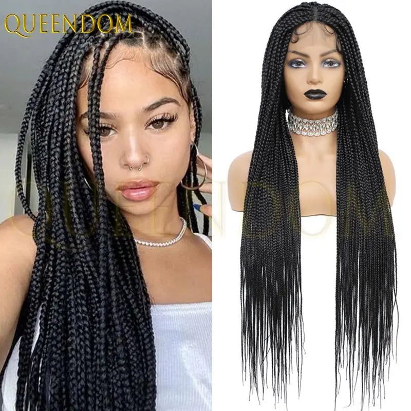 Synthetic 36 Inch Cornrow Braided Wigs for Black Women Full Lace Braids Wig Natural Black Knotless Box Wig Faux Locs Wig