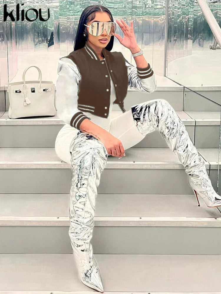 Kliou Letter Shape Patchwork Coats Women Casual Classic Panelled Long Sleeve Single Breasted Croped Jacket Female Street Outwear