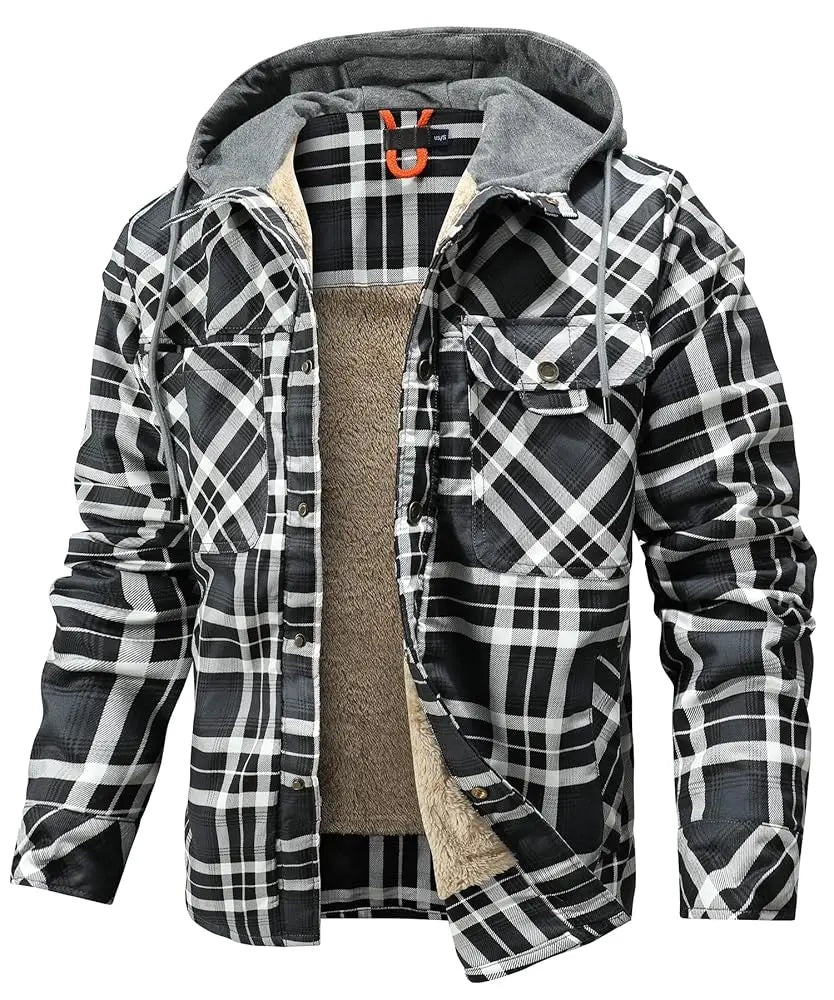 Men's Jackets Winter Hooded Warm Coat Casual Thicken Plaid Work Flannel Snap Sherpa Lined Fleece Clothing US Size