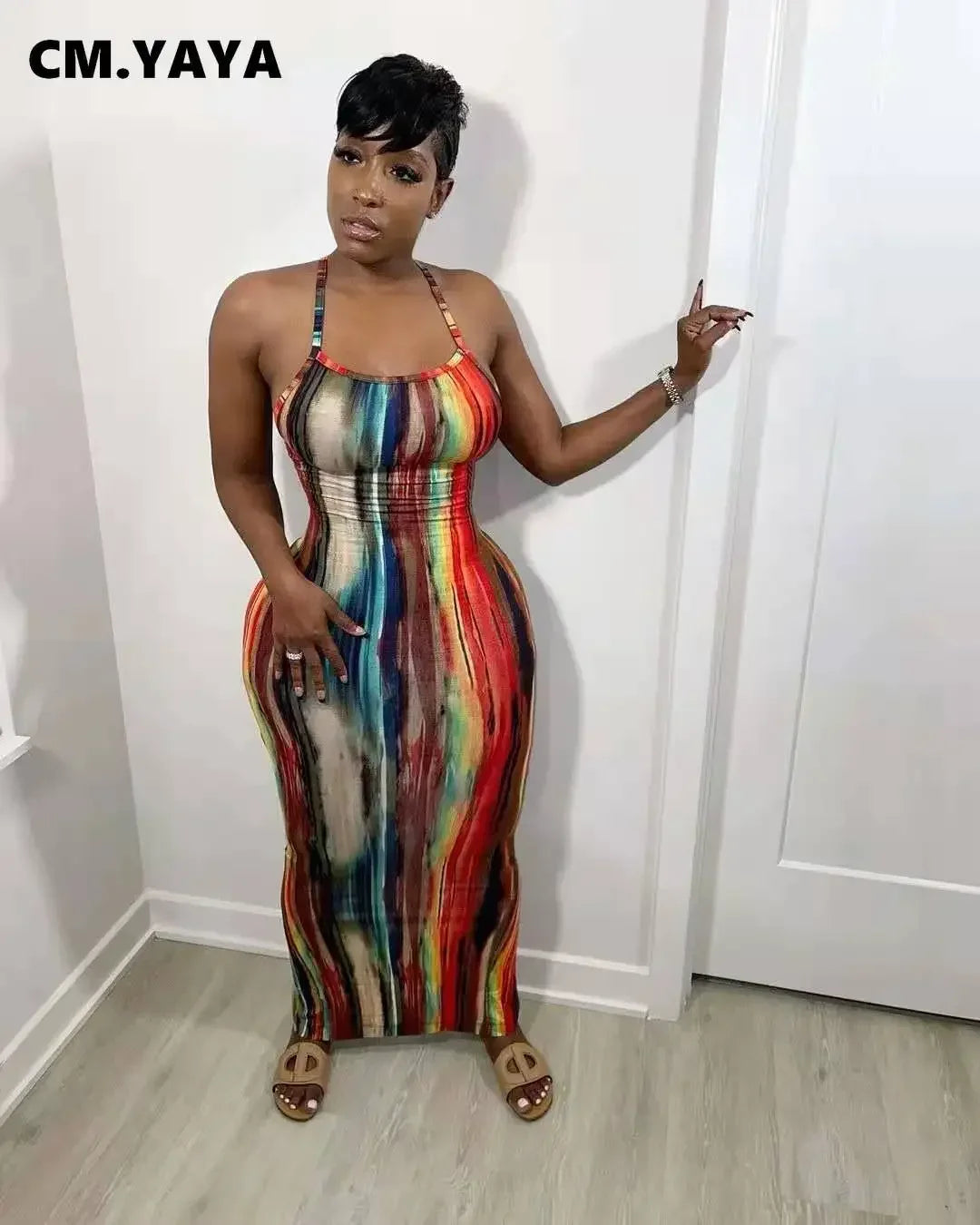 CM.YAYA Tie Dye Print Halter Open Back Maxi Dress Women Bodycon Sleeveless Splited Back Pencil Midi Long Dresses Summer 2021
