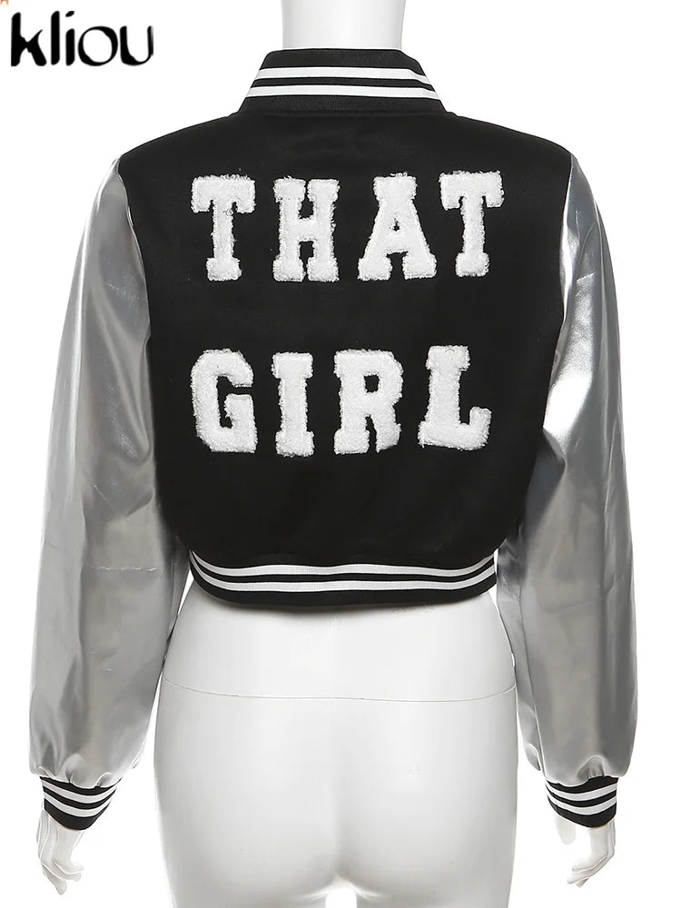 Kliou Letter Shape Patchwork Coats Women Casual Classic Panelled Long Sleeve Single Breasted Croped Jacket Female Street Outwear