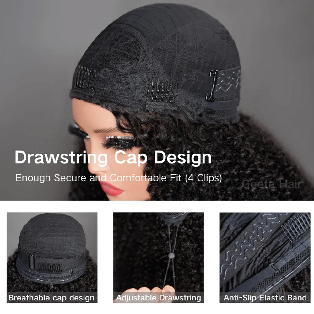 Beginner Friendly 3 In 1 Half Wig Human Hair Kinky Curly Coily Half Wig Invisible Drawstring Glueless Curly Flip Over Wig 180%