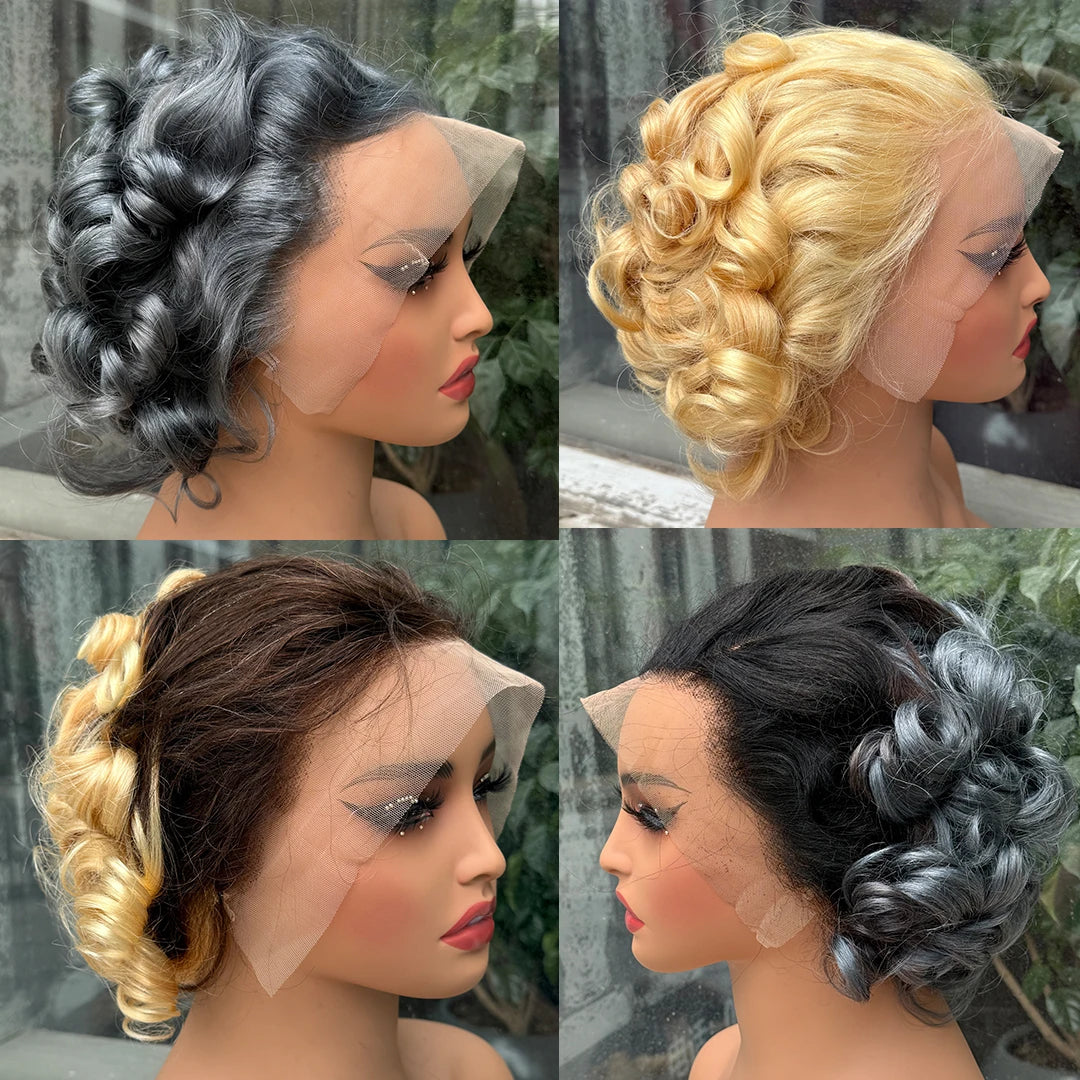 613# Pixie Cut Wigs Human Hair Loose Wave Curly Wig 13x4 Lace Front Human Hair Wig 260% Density 8Inch for Black Women