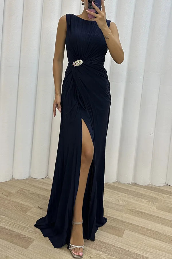 Women Sexy Dress New Sleeveless Solid Party Slim Empire Split Female Elegant Round Neck Fashion Long Clothing