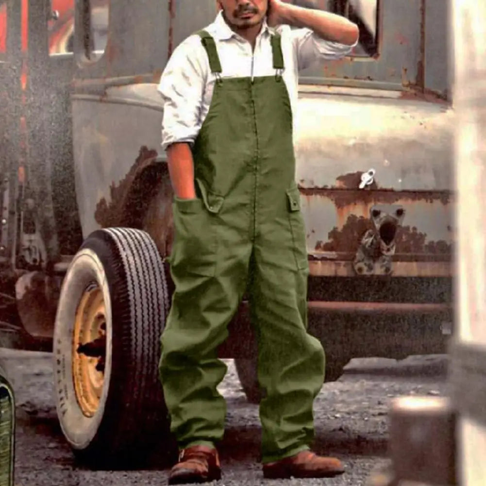 Men Denim Jumpsuit Casual Retro Style Loose Fit Overalls With Large Pockets Thick Fabric Cargo Plus Size Streetwear Jumpsuit