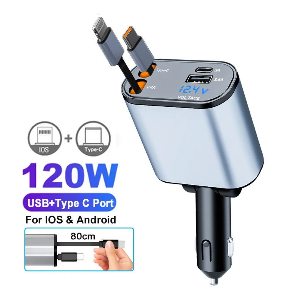 5-in-1 180W Car Fast Charger USB Type-C Power Adapter Retractable Phone Charger With Roof Starlight For IOS Android Phones