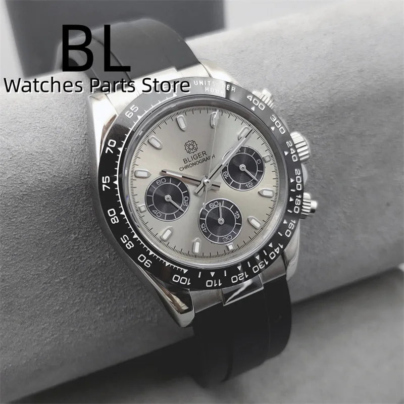 BLIGER/Sterile Gray Dial Chronograph VK63 Quartz Men's Watch 39mm Sapphire Case Black Bezel Luminous Stanless Steel/Rubber Strap