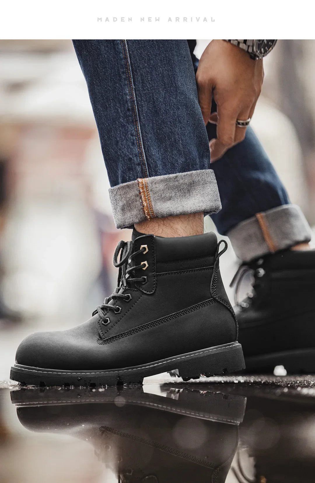 Maden Men's Versatile Black Boots Plush Lining Warmth Shoes Retro Non-Slip Thick Sole Work Boots Outdoor Casual Mid-Calf Boots