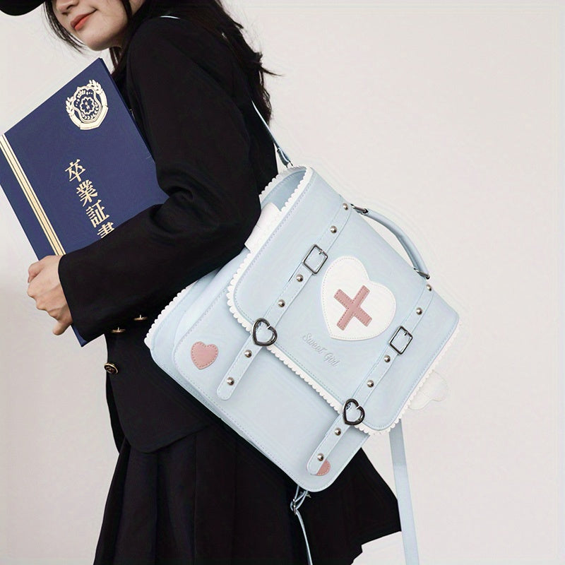 Adorable Kawaii Womens Backpack - Fashion-Forward Flap with Buckles & Rivets Decor - Versatile School or Casual Handbag