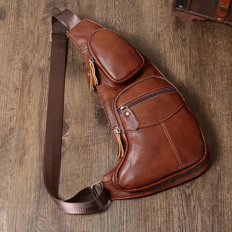 Men's & Women's Genuine Leather Sling Bag - Lightweight Crossbody Messenger Backpack with Shoulder/ Chest Pack, Tactical Daypack for Outdoor Travel Hiking, Solid Color Casual Use - Hand Washable Durable Leather Bag