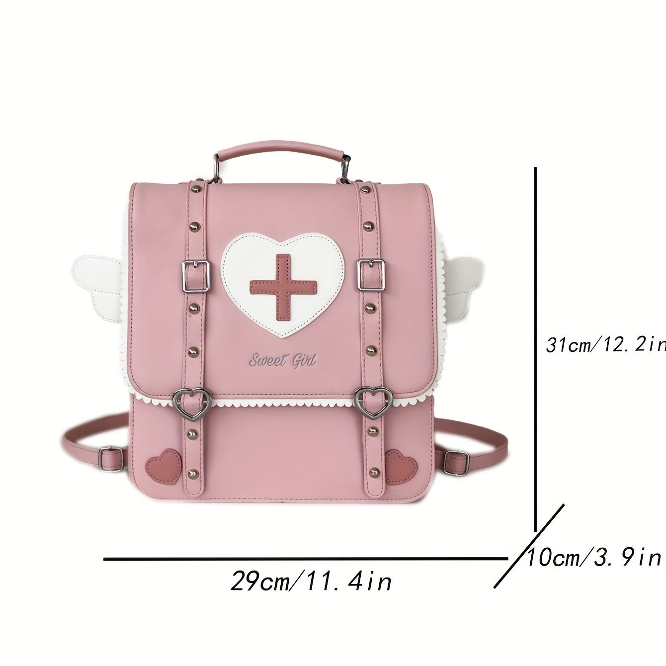 Adorable Kawaii Womens Backpack - Fashion-Forward Flap with Buckles & Rivets Decor - Versatile School or Casual Handbag
