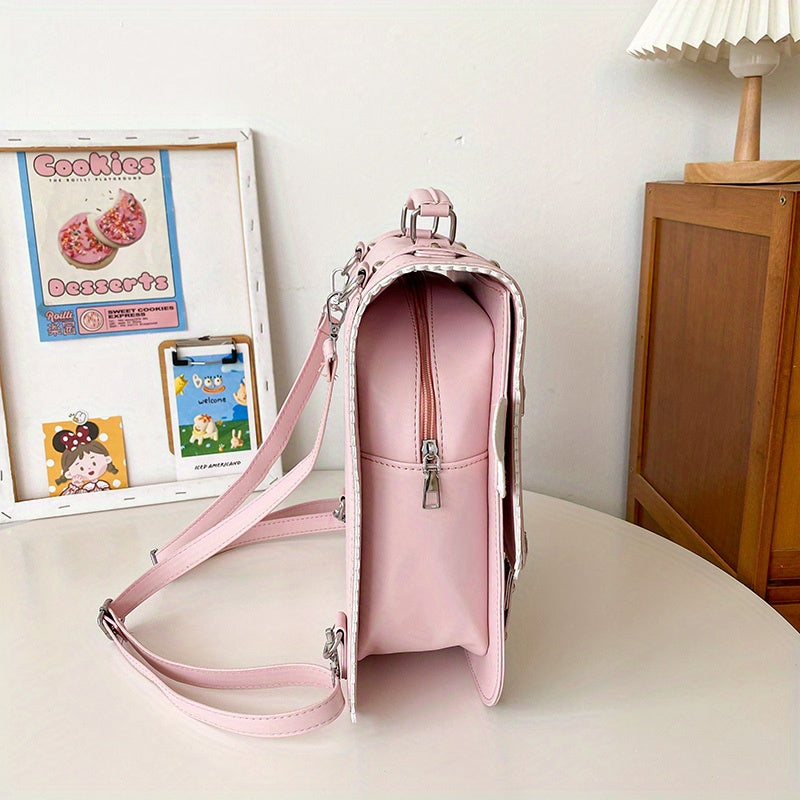Adorable Kawaii Womens Backpack - Fashion-Forward Flap with Buckles & Rivets Decor - Versatile School or Casual Handbag