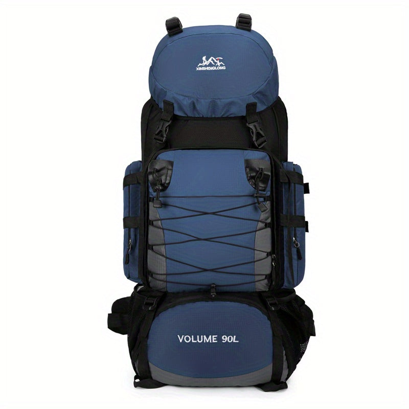 90L High-Capacity Travel Backpack - Durable Polyester, Blue with Black Accents, Plaid Pattern, Adjustable Chest Strap, Multiple Pockets for Outdoor Adventures, Camping & Hiking, Backpack for Travel
