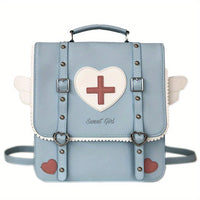 Adorable Kawaii Womens Backpack - Fashion-Forward Flap with Buckles & Rivets Decor - Versatile School or Casual Handbag