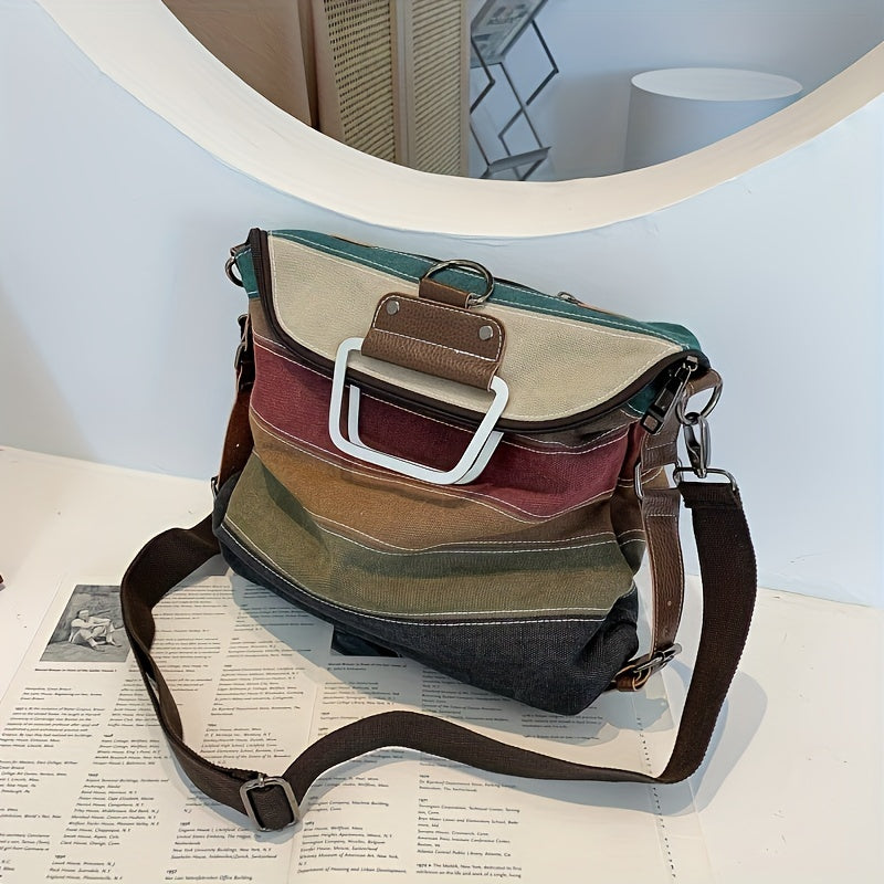 Fashionable Striped Canvas Backpack - Versatile Women's Daypack with Secure Zip Closure & Comfy Shoulder Straps