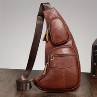 Men's & Women's Genuine Leather Sling Bag - Lightweight Crossbody Messenger Backpack with Shoulder/ Chest Pack, Tactical Daypack for Outdoor Travel Hiking, Solid Color Casual Use - Hand Washable Durable Leather Bag