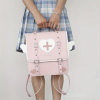 Adorable Kawaii Womens Backpack - Fashion-Forward Flap with Buckles & Rivets Decor - Versatile School or Casual Handbag