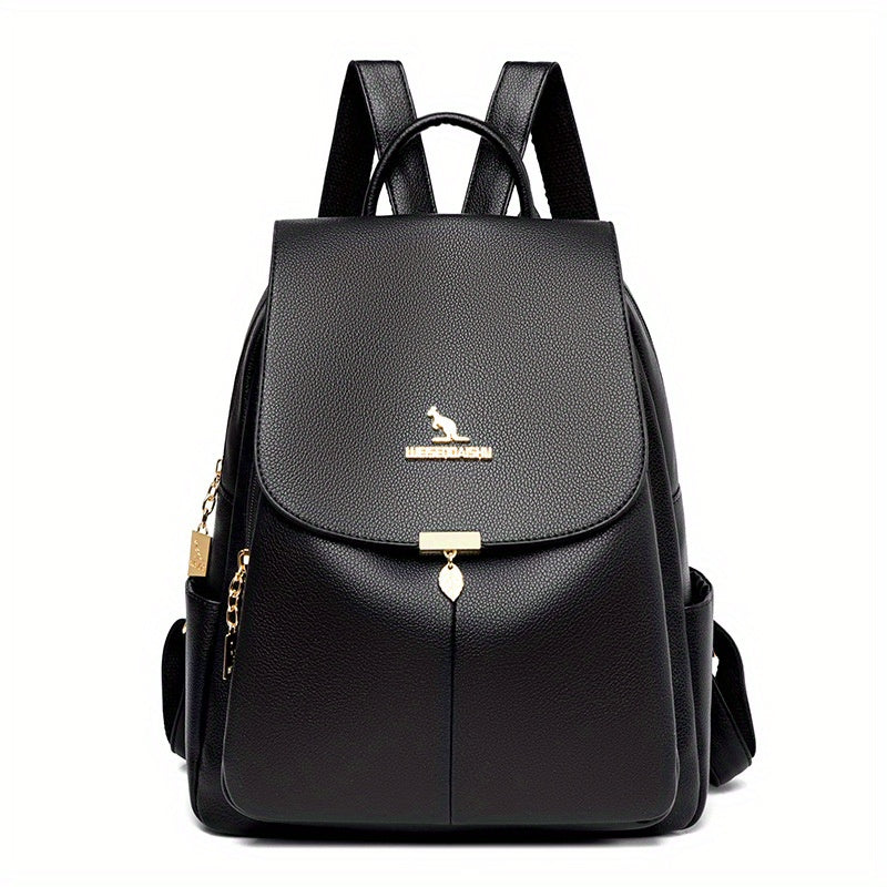 Chic & Stylish Women's Backpack: Solid Faux Leather, Secure Zipper, Metal Accents – Perfect for School and Travel