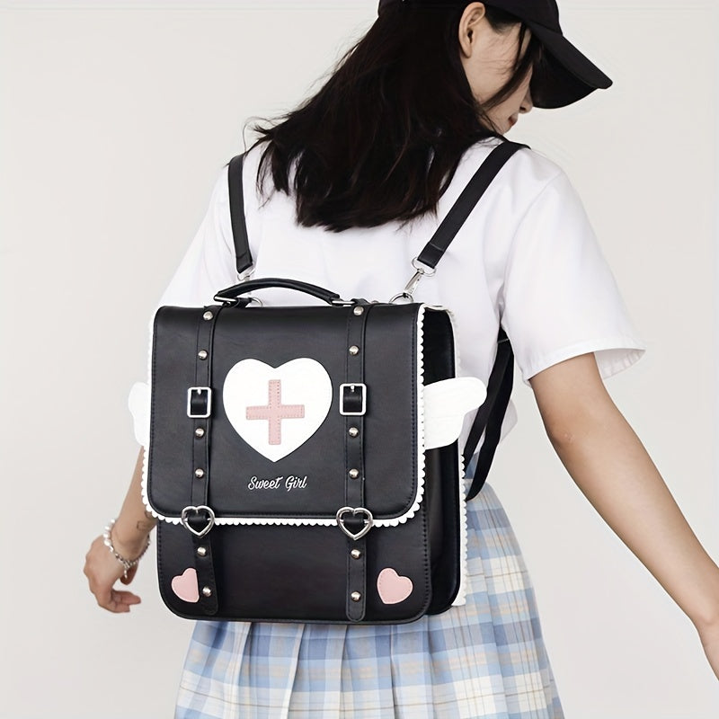 Adorable Kawaii Womens Backpack - Fashion-Forward Flap with Buckles & Rivets Decor - Versatile School or Casual Handbag