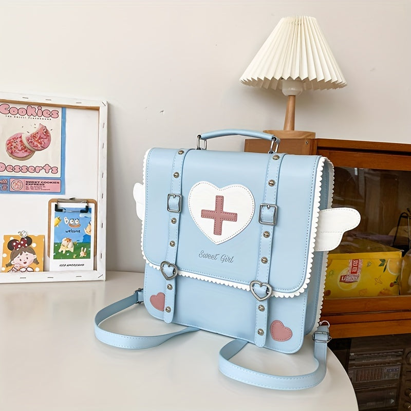 Adorable Kawaii Womens Backpack - Fashion-Forward Flap with Buckles & Rivets Decor - Versatile School or Casual Handbag